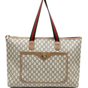 Auth Gucci GG Plus Beige Sherry Line PVC x Leather Brown Tote Bag